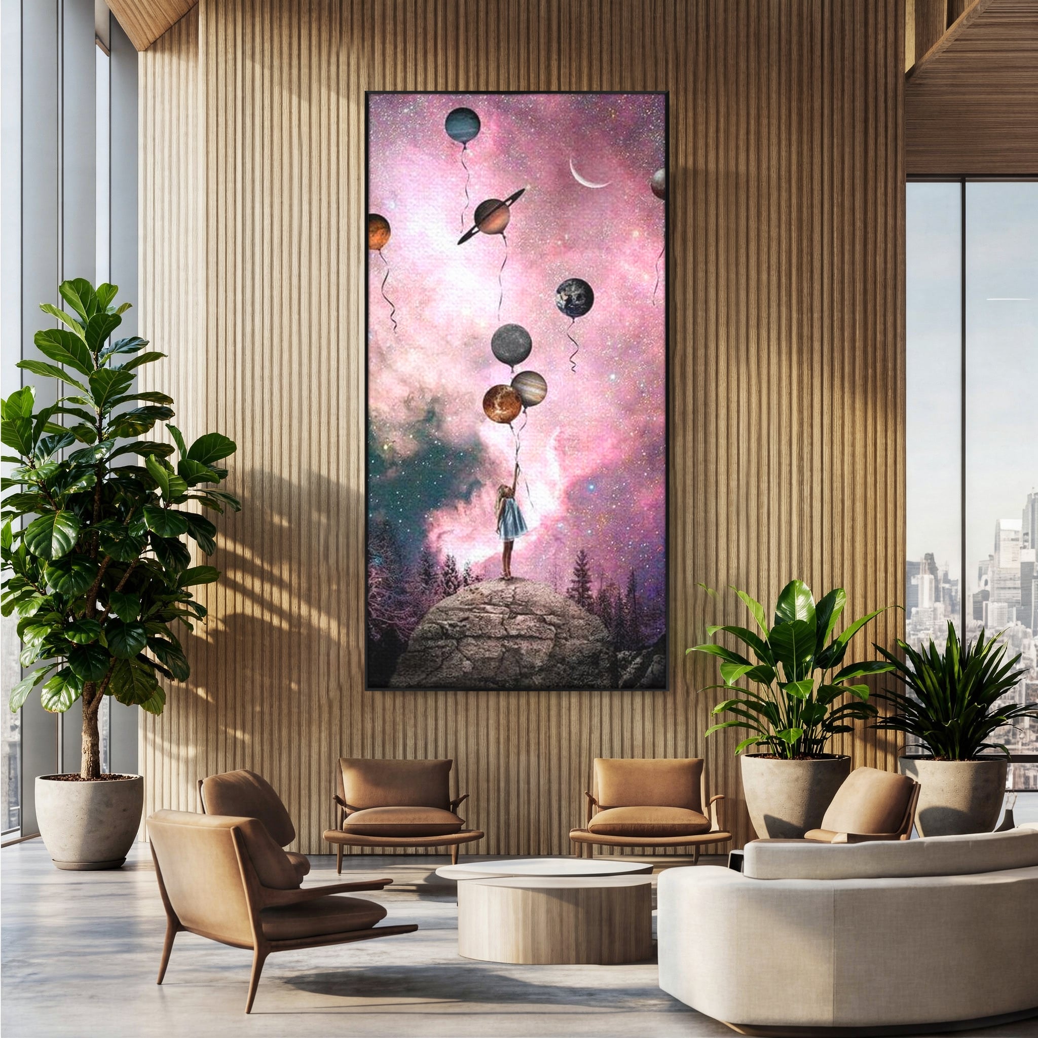 Tablou canvas cu ilustratie fetita tinand baloane planete, in rama de aluminiu negru, pe perete intr-un birou